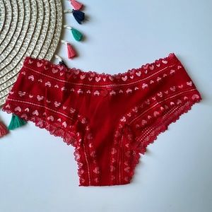 Victoria's Secret Lace-Waist Cotton Cheeky Panty Heart Lace Trim Red Small NEW